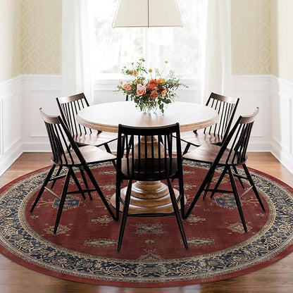 RUGGABLE Washable Vintage Area Rug – Verena Amber Red 8 ft Round, Stain-Resistant, Non-Slip – Large Machine Washable Rugs for Living Room, Bedroom, Hallway, Entryway & Office–with Cushioned Pad