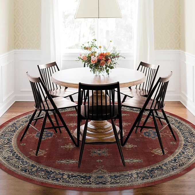 RUGGABLE Washable Vintage Area Rug – Verena Amber Red 6 ft Round, Stain-Resistant, Non-Slip – Medium Machine Washable Rugs for Living Room, Bedroom, Hallway, Entryway & Office–with Cushioned Pad