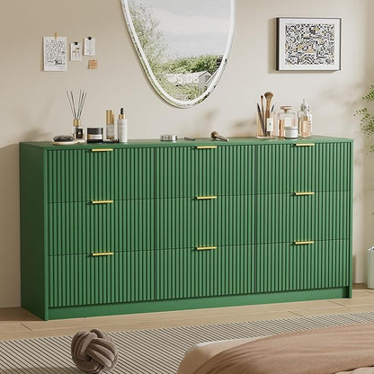 Green Dresser for Bedroom, Modern Dresser with 9 Drawers and Smooth Slides, Wide Chest of Drawers with Golden Handles for Bedroom, Living Room, Closet, 15.7" D x 63" W x 31.5" H