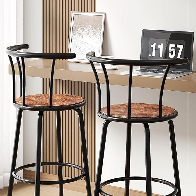 VECELO Bar Stools Set of 2, Swivel Counter Barstools with Backrest, Bar Height Chairs for Dining Room, Kitchen Island, Pub, Easy Assembly, Retro Brown