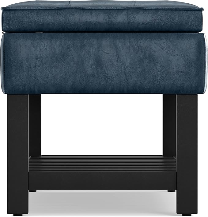 SIMPLIHOME Cosmopolitan 44 inch Wide Transitional Rectangle Storage Ottoman Bench with Open Bottom in Denim Blue Vegan Faux Leather, Assembled for the Living Room and Bedroom