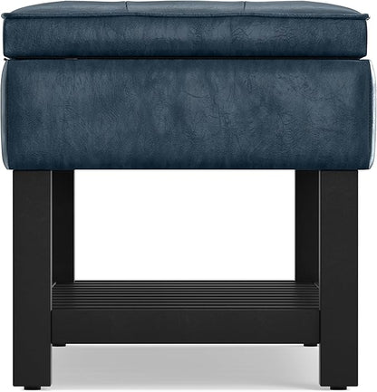 SIMPLIHOME Cosmopolitan 44 inch Wide Transitional Rectangle Storage Ottoman Bench with Open Bottom in Denim Blue Vegan Faux Leather, Assembled for the Living Room and Bedroom