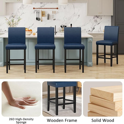 LSSPAID Counter Height Bar Stools Set of 4, 24.8 Inch Upholstered PU Leather Barstools, Modern Kitchen Island Chairs with Backrest and Solid Wood Legs, Navy Blue