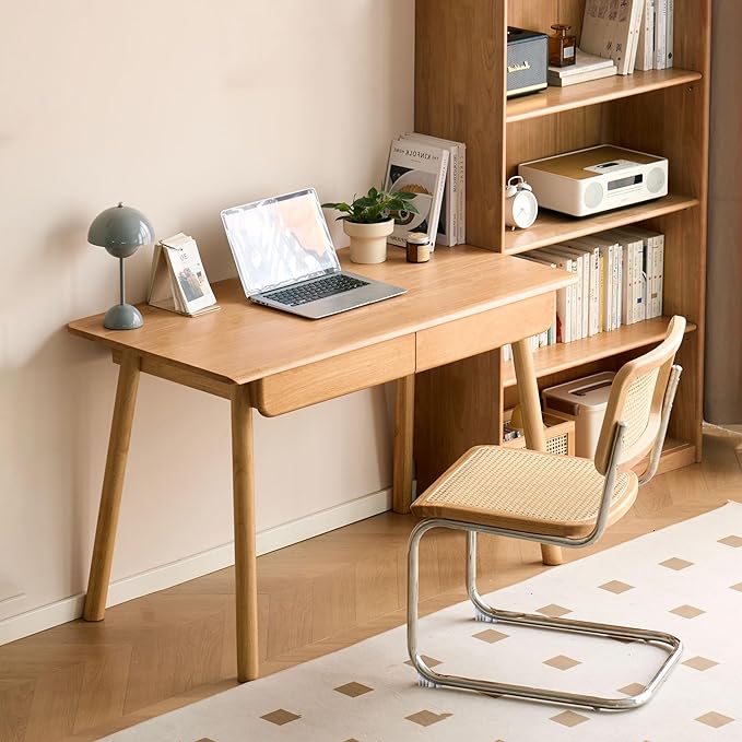 YESWOOD Solid Wood Desk, Mid Century Modern Computer Desk, Office Desk with Drawers for Home Office Study Vanity 47.24" W