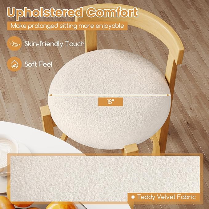 COSTWAY 24'' Counter Height Bar Stools Set of 2, Teddy Velvet Upholstered Bar Chairs with Backrests and Footrests, Wood High Barstools for Kitchen Island and Dining Room (Natural)
