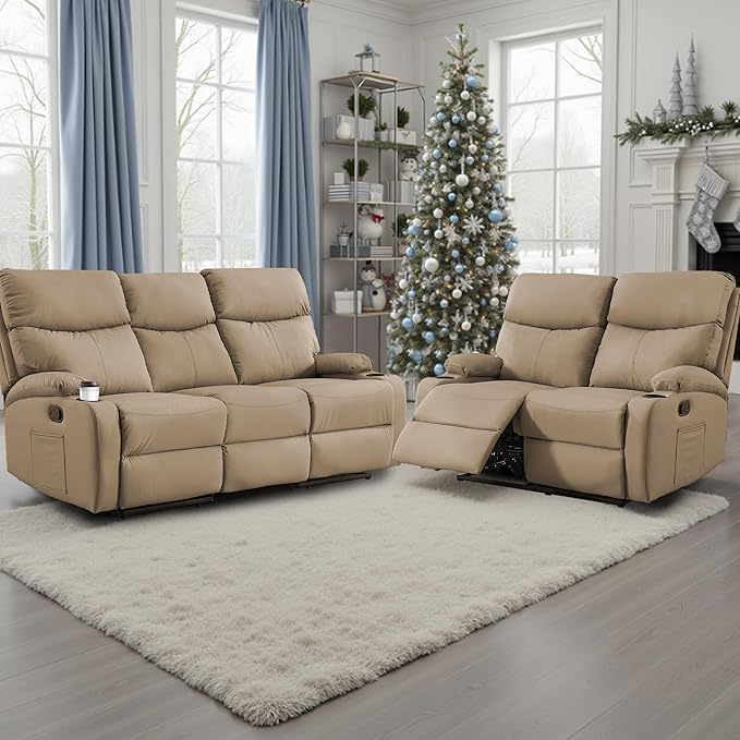 Manual Recliner Sofa Set Anti-Scratch 3 Seats Reclining, Sofa Couches with Side Pocket and Cupholders Wall Hugger Leather Couch for RV Living Room Home Theater Bedroom Apartment