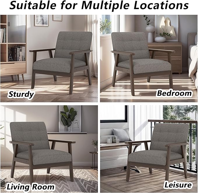 Modern Accent Chair with Wooden Table, Upholstered Linen Fabric Leisure Side Chair with Arm Rest and Wooden Frame for Living Room, Bedroom Reading (Gray)