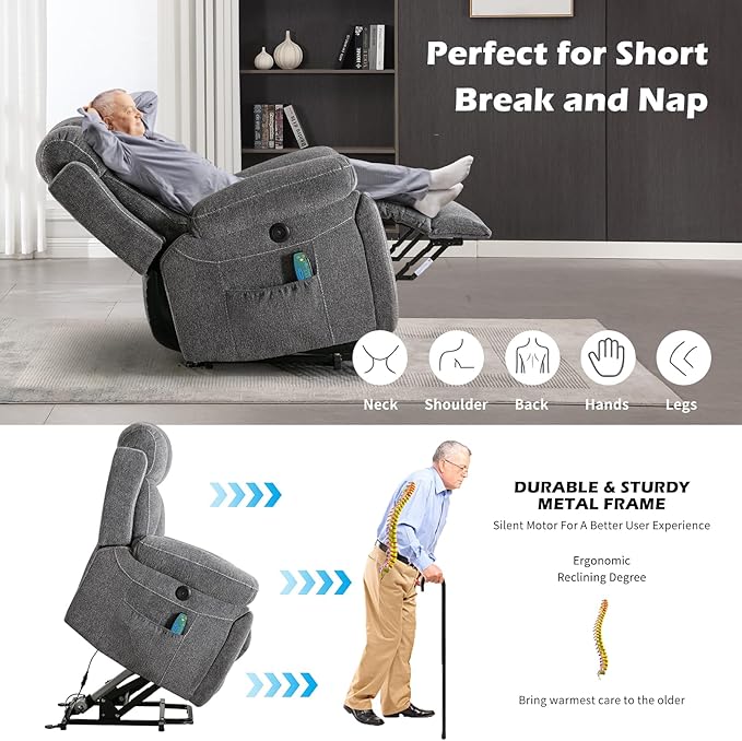 Large Power Lift Recliner Chair with Massage and Heat for Elderly, Wide Padded Recliner with 2 Cup Holders, Side Pocket & USB Charger(1, Dark Gray)