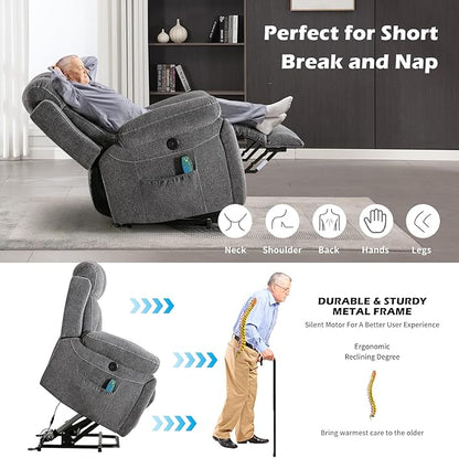 Large Power Lift Recliner Chair with Massage and Heat for Elderly, Wide Padded Recliner with 2 Cup Holders, Side Pocket & USB Charger(1, Dark Gray)