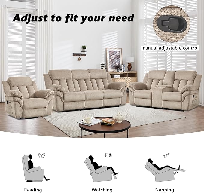 CANMOV Recliner Sofa Set, Oversize Power Lift Recliner Chair, Manual Loveseat and 3-Seat Sofa with Overstuffed Armrest for Living Room,Bedroom Furniture,Office,1+2+3 Seat Light Brown