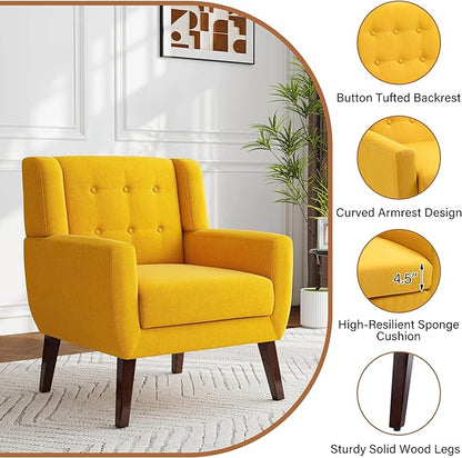 Accent Chair, Modern Fabric Armchair for Living Room, Comfy Upholstered Arm Chair Tufted for Indoor Bedroom Office Room (Yellow)
