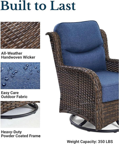 HILLGA Luxury Patio Furniture Set with 6-Inch Thick Cushions, High Back Outdoor Swivel Rocker Chairs and Ottoman, 5-Piece All Weather Conversation Set for Porch Deck Balcony Yard, Blue (V3)