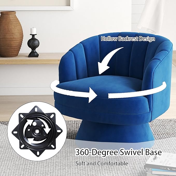 Swivel Accent Chair,Upholstered Velvet 360° Swivel Barrel Chair for Living Room Overstuffed Bouncle Reading Chair Round Armchair for Bedroom,Vanity,Office (Navy)