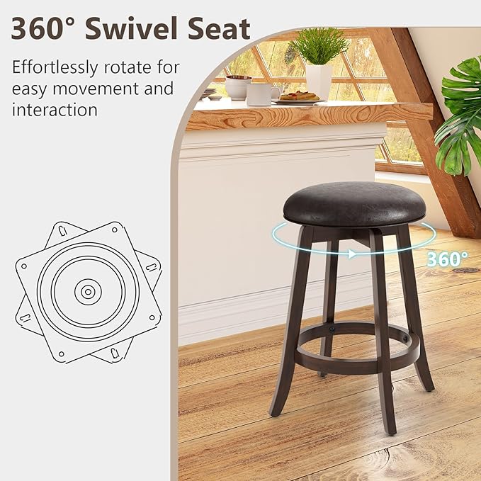 COSTWAY 24-Inch Swivel Bar Stools Set of 2, Upholstered Barstools w/PU Leather Seat & Solid Rubber Wood Legs, Mid-Century Backless Round Counter Height Stools w/Footrest for Kitchen Home Bar