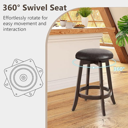COSTWAY 24-Inch Swivel Bar Stools Set of 4, Upholstered Barstools w/PU Leather Seat & Solid Rubber Wood Legs, Mid-Century Backless Round Counter Height Stools w/Footrest for Kitchen Home Bar