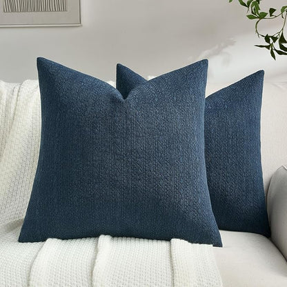 FUTEI Navy Blue Chenille Throw Pillow Covers 24x24 Inch Set of 2,Soft Striped & Diamond Textured European Cushion Cases,Modern Home Decor for Couch Living Room