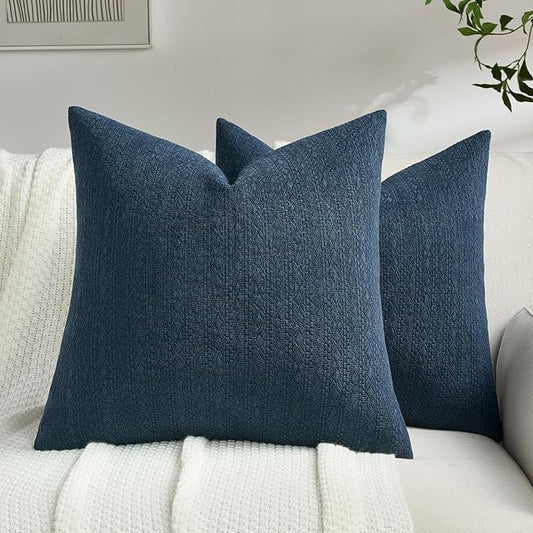 FUTEI Navy Blue Chenille Throw Pillow Covers 24x24 Inch Set of 2,Soft Striped & Diamond Textured European Cushion Cases,Modern Home Decor for Couch Living Room
