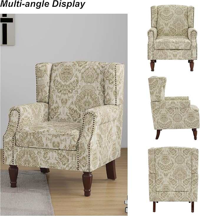 Accent Chair, Upholstered High Back Floral Armchair with Nailhead Trim & Wood Legs, Comfy Wingback Reading Single Sofa Chair for Small Spaces, Living Room, Bedroom-Light Brown Floral, 1 SEAT