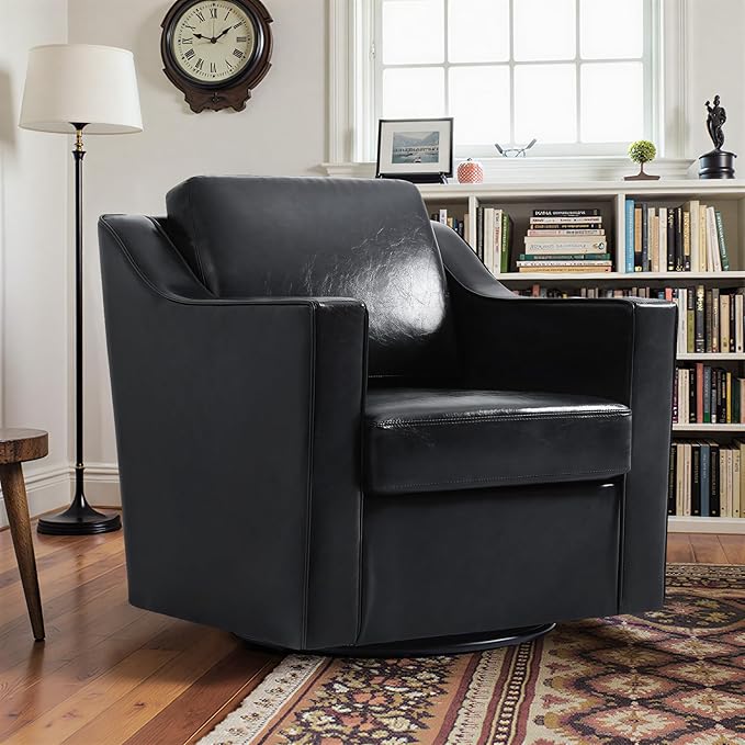 Pia Ricco Set of 2: Modern Oversized Faux Leather Swivel Accent Chairs w/Removable Covers for Living Room, Reception Value Pack,Black
