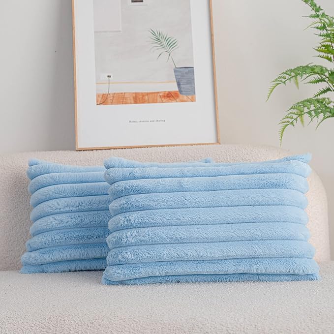 DEELAND Pack of 2,Double-Sided Faux Fur Plush Decorative Throw Pillow Covers Fuzzy Striped Soft Pillowcase Cushion Covers for Sofa Couch Bedroom Lightblue 12x20 inch