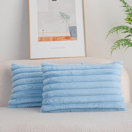 DEELAND Pack of 2,Double-Sided Faux Fur Plush Decorative Throw Pillow Covers Fuzzy Striped Soft Pillowcase Cushion Covers for Sofa Couch Bedroom Lightblue 12x20 inch