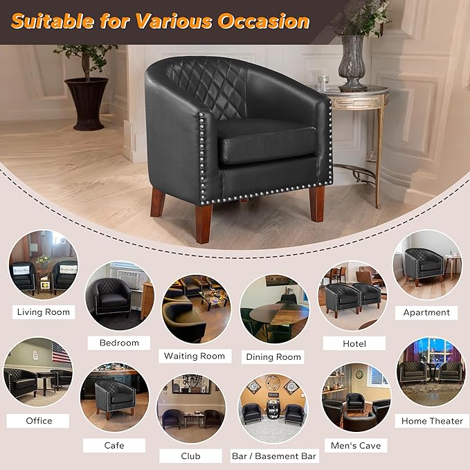 Prilinex Comfy Barrel Accent Chair Set of 8 - Faux Leather Living Room Chair Club Chair with Cushion, Diamond Grid Backrest & Nailhead Trim, Guest Chair for Office, Bedroom & Waiting Room, Black