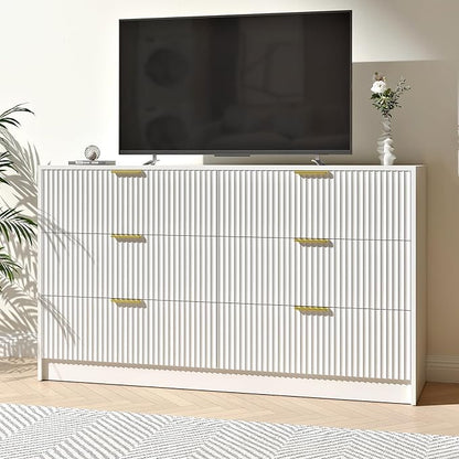 White 6 Drawer Dresser Bedroom,55” Wide Large White Fluted Dresser with Gold Handles, Modern Chest of Drawer for Closet, Bedroom, Living Room