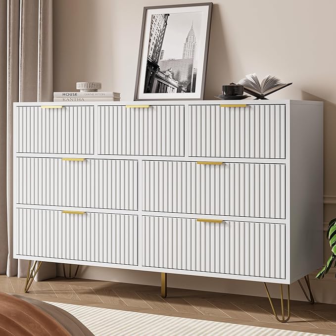 White Dresser for Bedroom, 7 Drawer Dresser with Gold Pulls, Wide Chest of Drawers for Bedroom, Entryway, 47.2" L x 15.7" D x 31.4" H