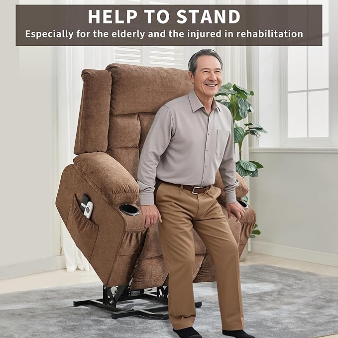 Large Power Lift Recliner Chair for Elderly Overstuffed Wide Electric Lift Chair with Heat and Massage for Big and Tall Adults Reclining Sofa Chair with 2 Cup Holders, Side Pocket, USB Port, Brown