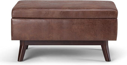 SIMPLIHOME Owen 34 inch Wide Mid Century Modern Rectangle Coffee Table Storage Ottoman in Distressed Saddle Brown Vegan Faux Leather, Assembled, For the Living Room, Entryway and Family Room
