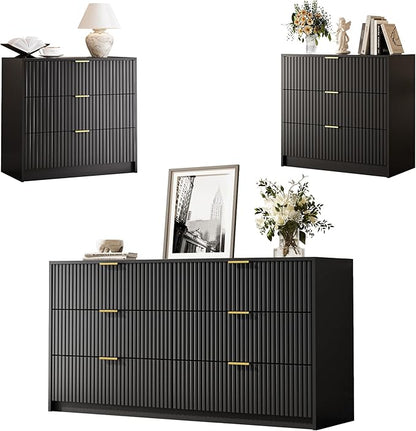 3-Piece Dresser Bedroom Set, 6 Drawer Dresser & 3 Drawer Nightstands with Gold Handles, Fluted Wood Chest of Drawers for Bedroom, Living Room, Entryway, Black
