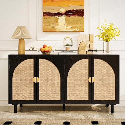 Black 4-Door Rattan Buffet Cabinet-Sideboard Buffet Cabinet with Storage, Accent Sideboard Cabinets-Wood Credenza with Cane Door, Boho Style Console Table for Dining Room & Living Room