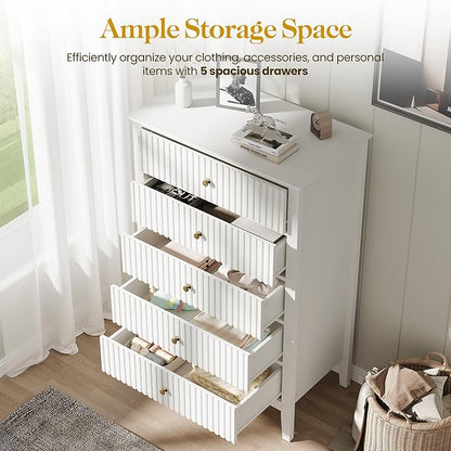 RoyalCraft White Fluted 5 Drawer Dresser for Bedroom, Tall Chest of Drawers, Waterproof Lacquered Desktop,Modern Wood Storage Cabinet for Living Room