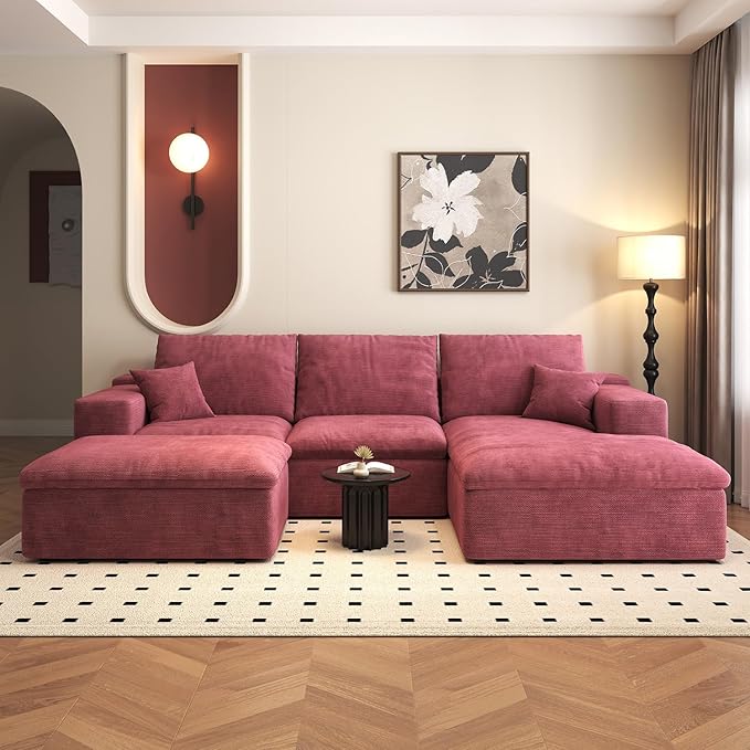 107'' U-Shaped Modern Modular Sectional Cloud Couch Whit Ottoman, 4-Seat Chenille Deep-Seat Sofa with Pillow for Living Room, Bedroom, Apartment, Wine Red