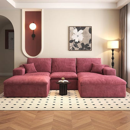 107'' U-Shaped Modern Modular Sectional Cloud Couch Whit Ottoman, 4-Seat Chenille Deep-Seat Sofa with Pillow for Living Room, Bedroom, Apartment, Wine Red