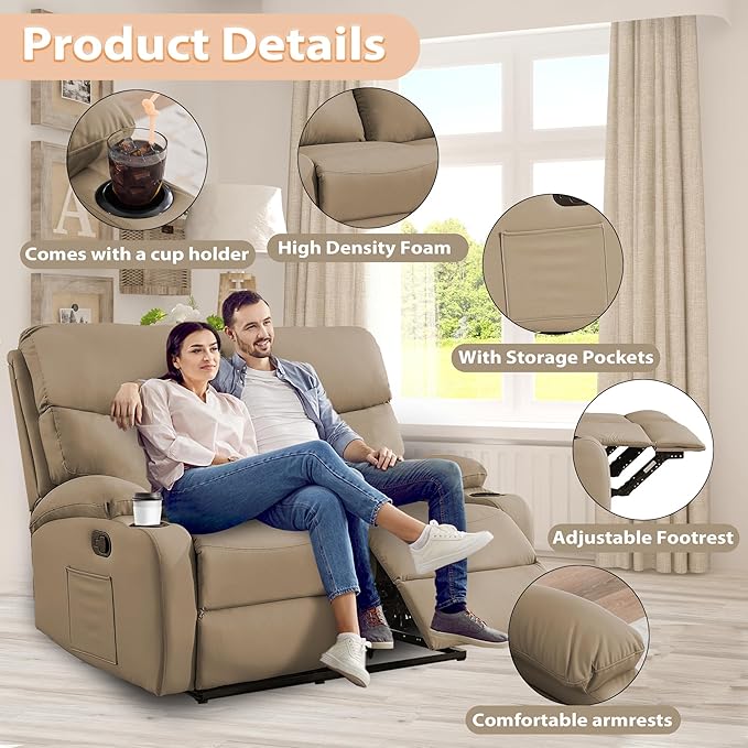 Manual Reclining Loveseat Anti-Scratch Loveseat Recliner Sofa with Side Pocket and Cupholders Wall Hugger 2 Seat Reclining Sofa Chair for RV Living Room Meeting Room Bedroom Apartment