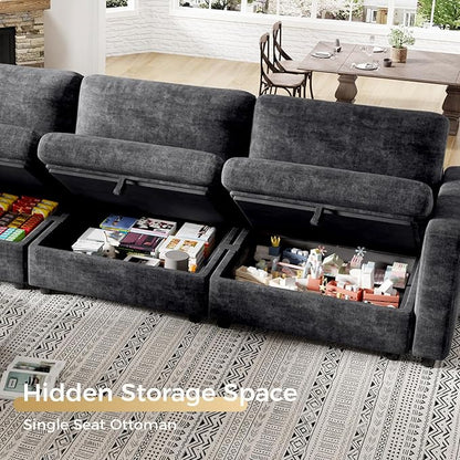 KKL Modular Sectional Sofa Couches for Living Room, 113" Sofa Couch with Adjustable Backrest, Chenille 3 Seater Sofa Couch with Comfy Cushion, Chenille, Black