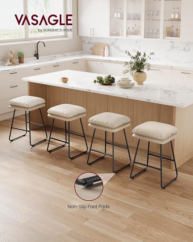 VASAGLE Bar Stools Set of 4, Counter Height Bar Stools, Leather Counter Stools Barstools with Soft Cushion and Metal Sled Legs, 25.6 Inches Bar Height Bar Chairs for Kitchen Island, Cappuccino Beige