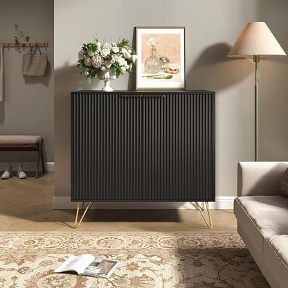 Fluted Storage Cabinet, 2 Doors Sideboard Buffet Cabinet, Modern Wood Accent Table with Adjustable Shelves, Console Table for Living Room, Hallway, Entryway, Black
