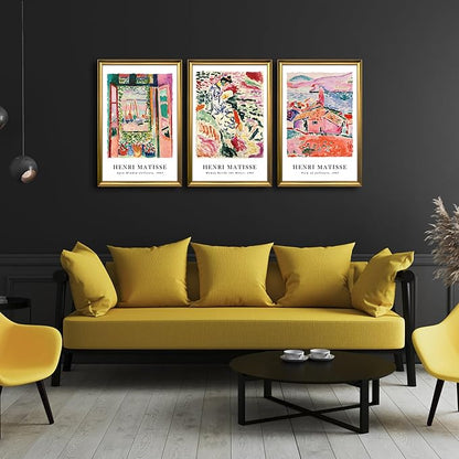 Wieco Art Framed Wall Art 3 Piece Henri Mattise Art Abstract Colorful Matisse Posters Canvas Prints for Wall and Home Office Decorations Bronze Gold Frame