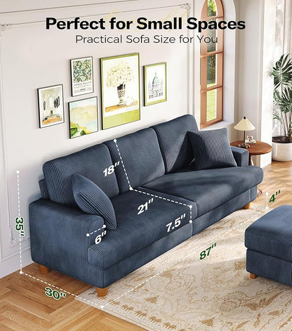 Kidirect 87in Corduroy Couch, Sofa No Tool Assembly, Comfy Couches for Living Room 21in Deeper Seats, Corduroy Sofas for Living Room with 2 Pillows, Oversized Loveseat Sofa, Boho Love Seat Blue Couch