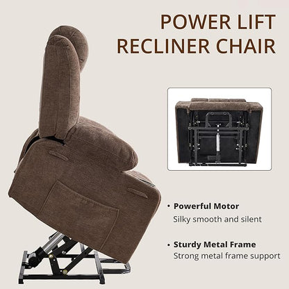Dual Motor Power Lift Recliner Chair for Elderly, Large Electric Lift Recliner with Massage and Heat, Cup Holders, Side Pocket, Fabric(Brown)