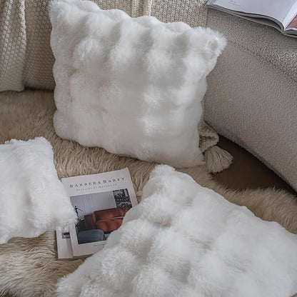Neelvin Cream White Faux Fur Cozy Soft Double-Sided Decorative Throw Pillow Covers 12x20 inch Set of 2,Velvet Pillowcase Cushion Case for Sofa Couch