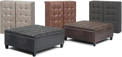 SIMPLIHOME Harrison 36 inch Wide Transitional Square Coffee Table Storage Ottoman in Distressed Umber Brown Vegan Faux Leather, Assembled, For the Living Room and Bedroom