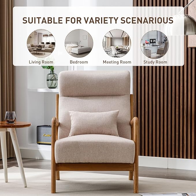 ANJHOME Mid Century High Back Accent Chairs Set of 2, Single Lounge Armchair with Solid Wood Frame, Comfy Reading Chair for Living Room, Easy Assembly