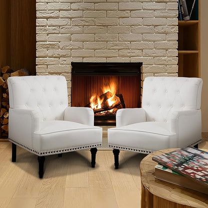 MOJAY Modern PU Leather Accent Chair Set of 2, Mid-Century Living Room Lounge Club Chair with Rivet Trim, Single Sofa Reading Arm Chair for Bedroom Home Office Study Lounges(White)