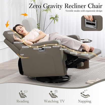 Genuine Leather Power Swivel Recliner Chair, Glider Electric Rocking Chair for Adults. Nursery Rocker Sofa Chair with Adjustable Headrest for Living Room. Wireless Charging/Type-C&USB, Grey