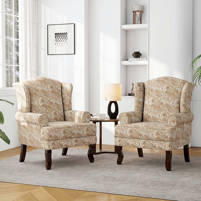 Accent Chair, High Back Upholstered Armchair with High Resilience Sponge & Wood Legs, Mid-Century Modern Comfy Single Sofa Reading Chairs for Living Room, Bedroom (Floral Sand, Set of 1)