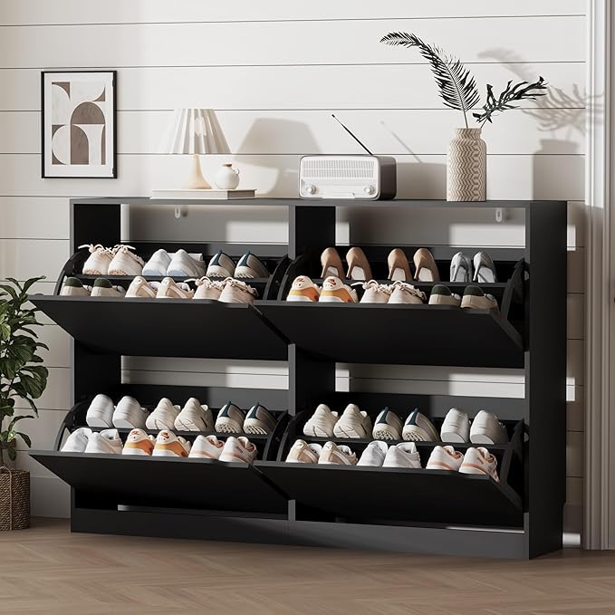 Shoe Storage Cabinet for Entryway with 4 Flip Drawers, Sturdy Wood Hidden Shoe Storage, Freestanding Narrow Slim Shoe Organizer for Front Door Entrance, Living Room, Hallway, Bedroom, Black