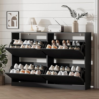 Shoe Storage Cabinet for Entryway with 4 Flip Drawers, Sturdy Wood Hidden Shoe Storage, Freestanding Narrow Slim Shoe Organizer for Front Door Entrance, Living Room, Hallway, Bedroom, Black